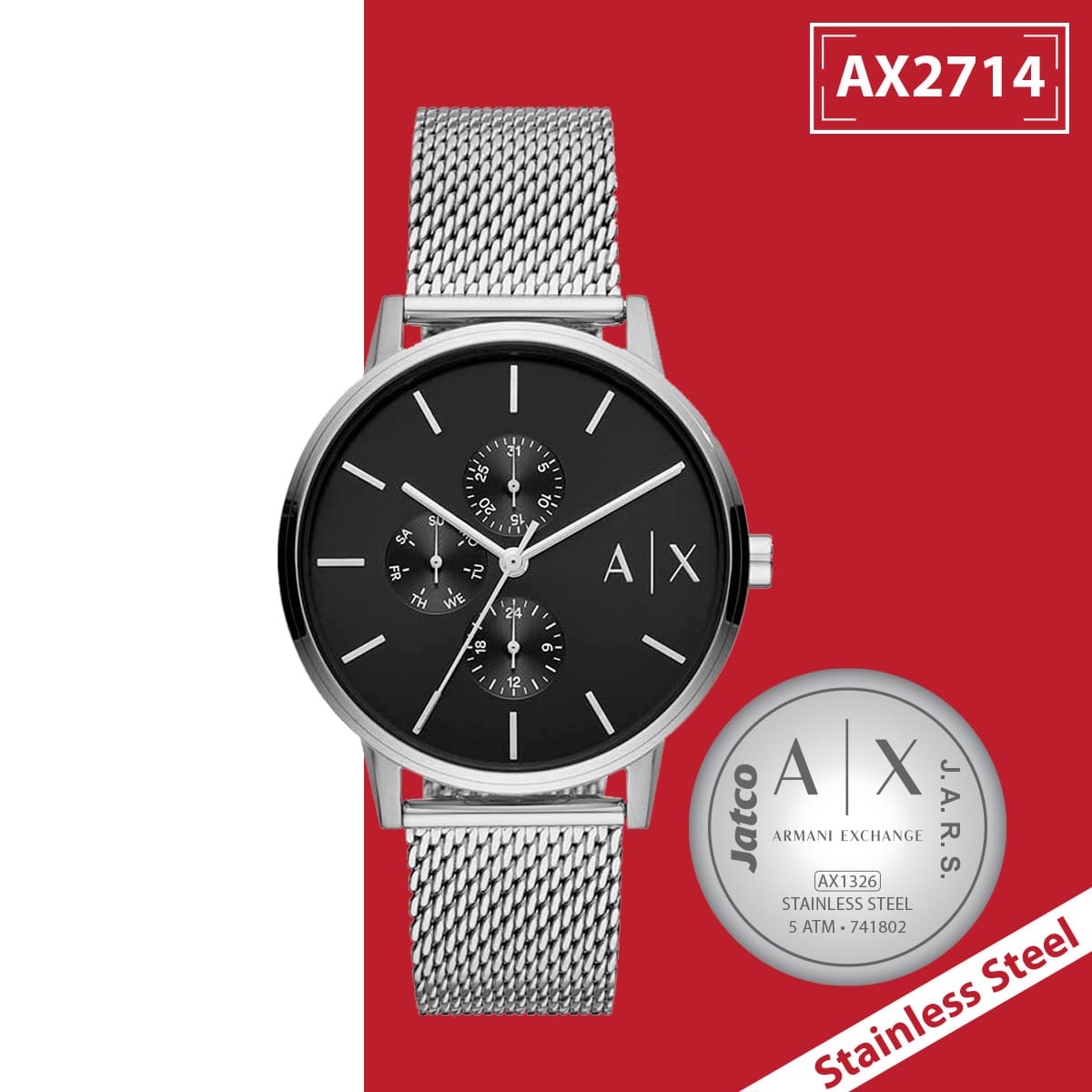 Armani Exchange Cayde AX2714 Men's Chronograph – Black Dial with Silver Mesh Stainless Steel Strap